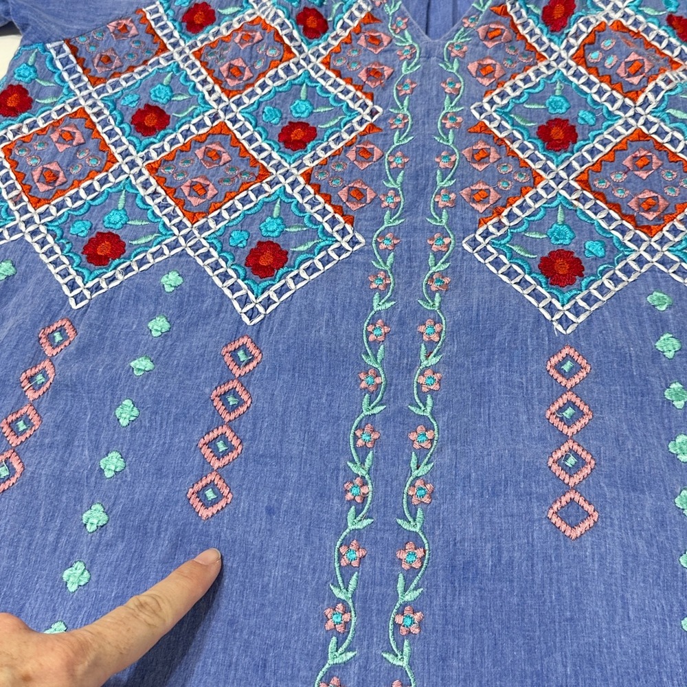 LulaLife Embroidered Dress Womens Small Blue Bohemian Mumu Vacation House Dress - Picture 10 of 13